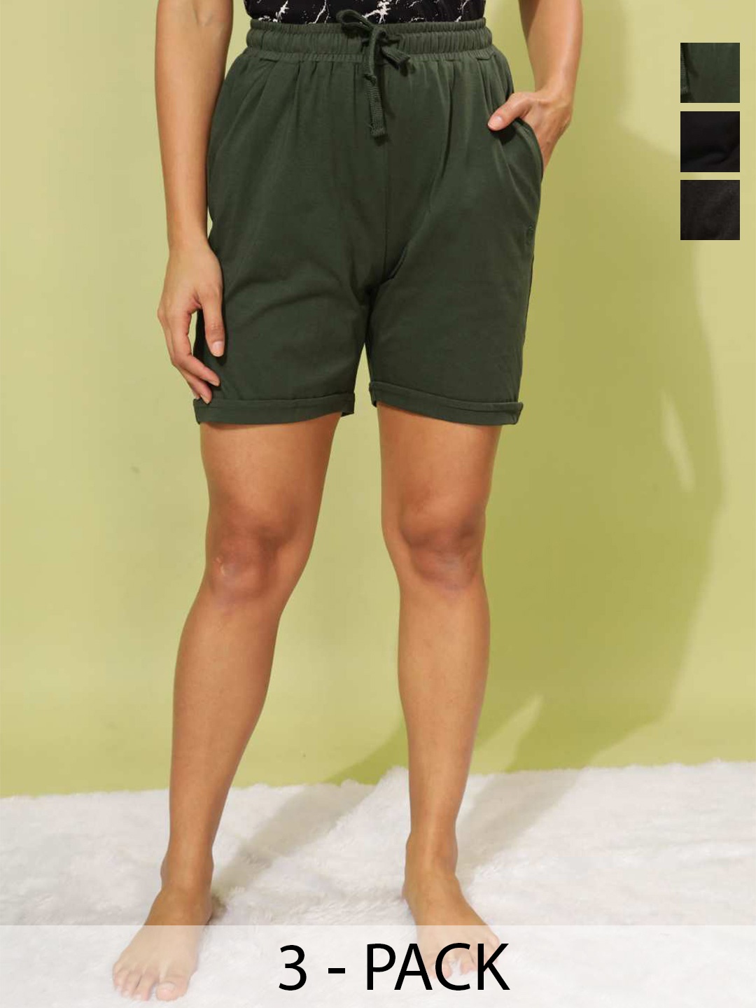 

Dollar Missy Women Pack Of 3 Mid Rise Cotton Sports Shorts, Green