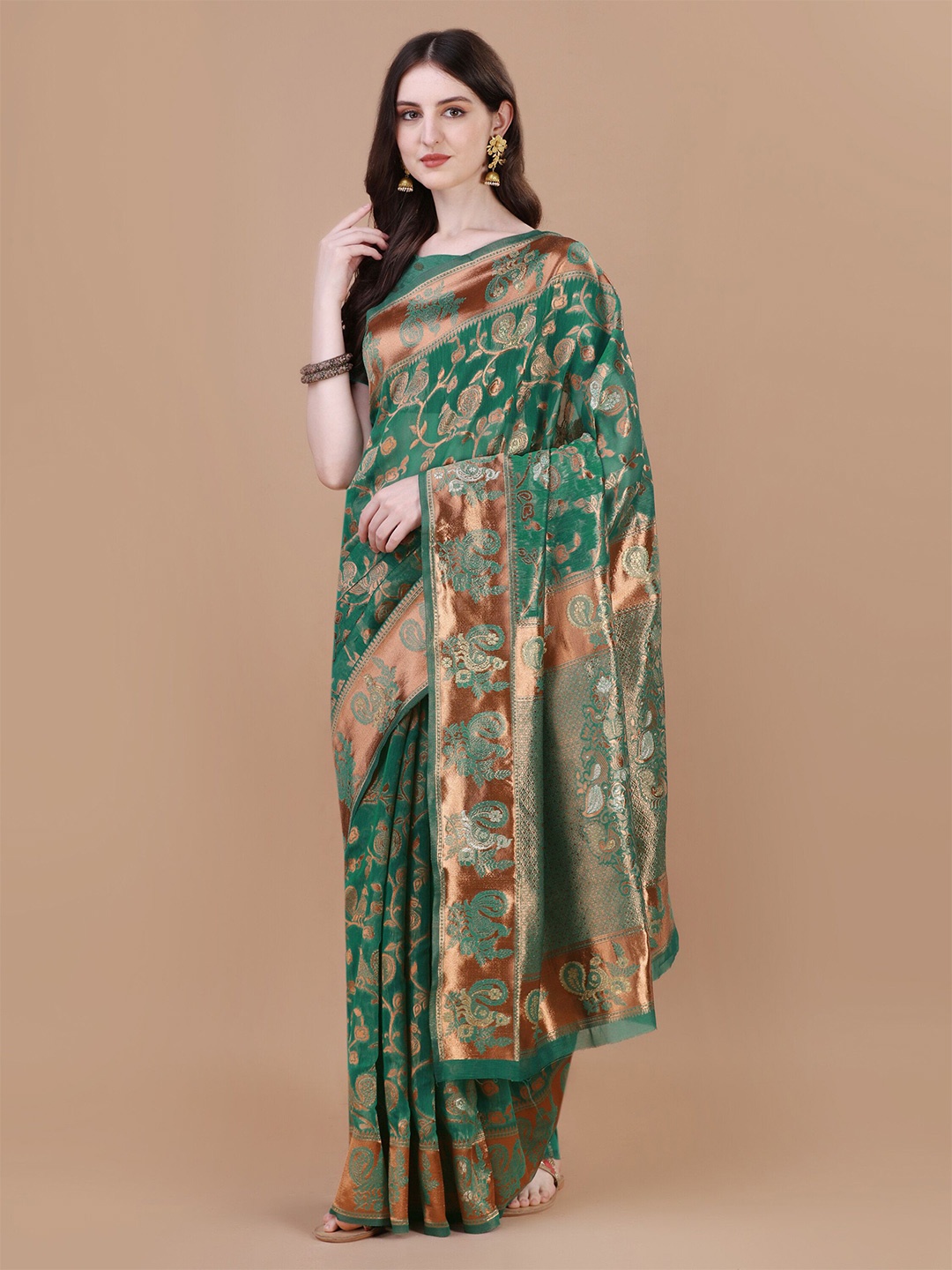 

MAGMINA Woven Design Zari Banarasi Saree, Green