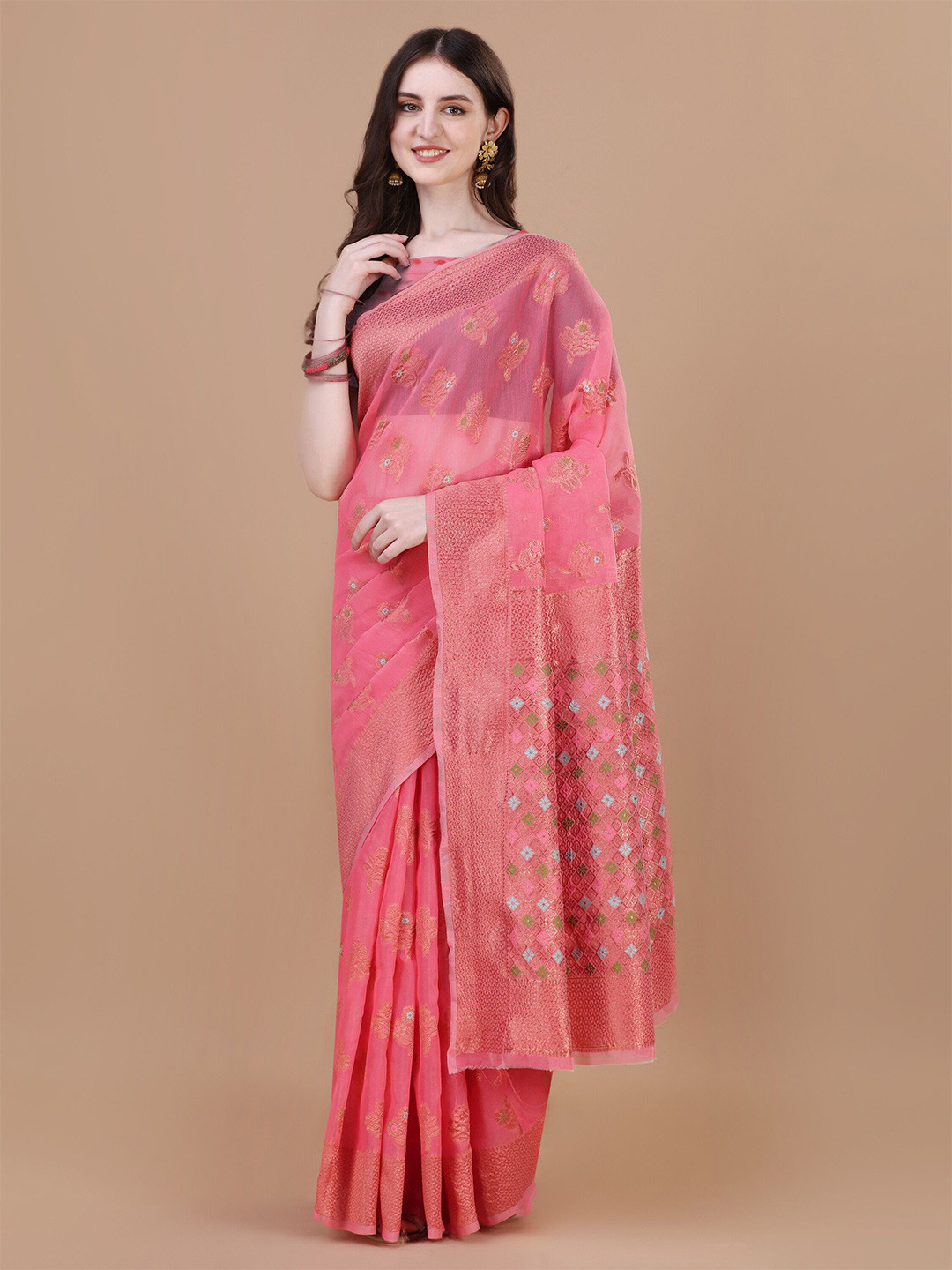 

MAGMINA Ethnic Motifs Zari Banarasi Saree, Pink