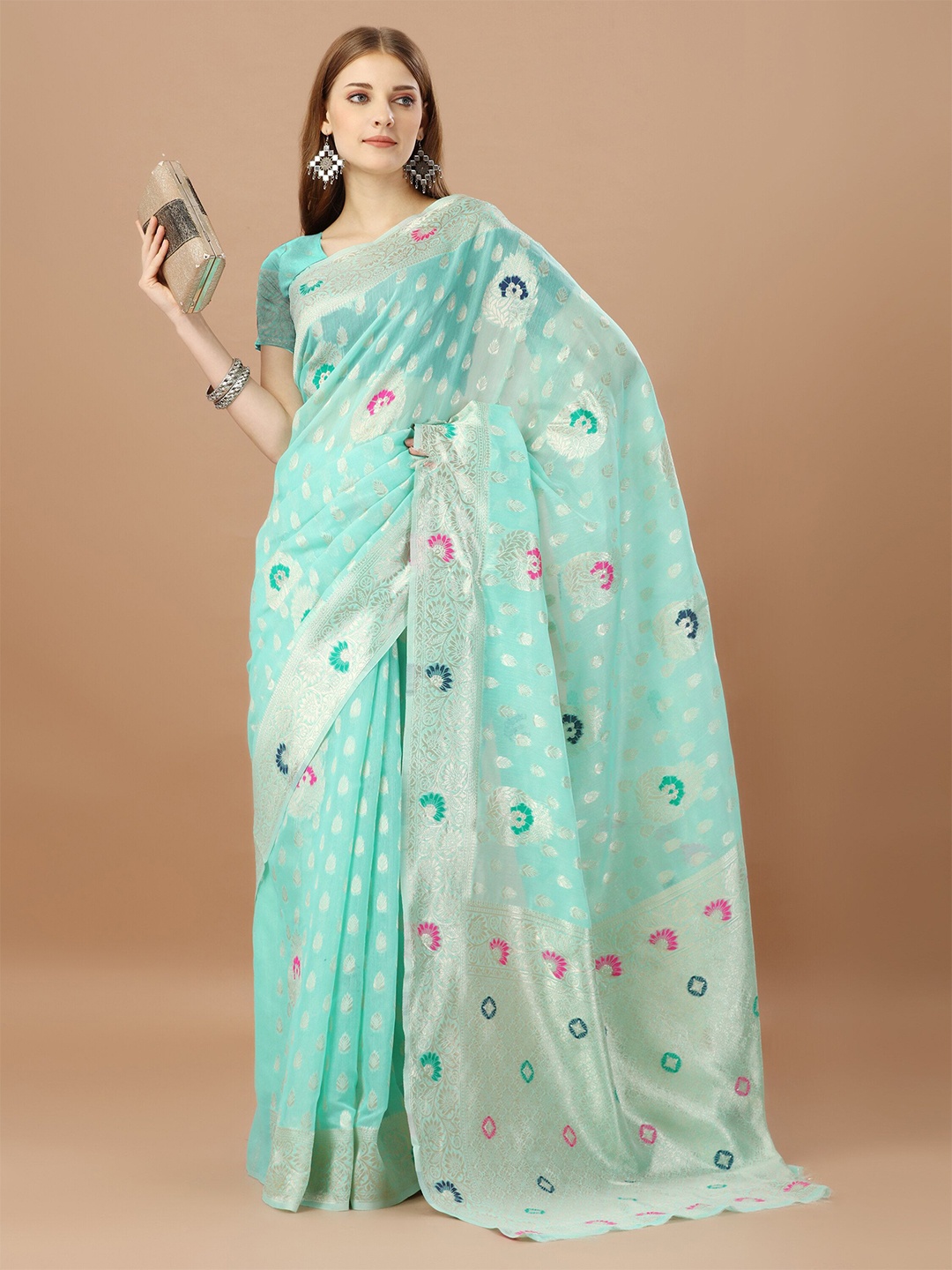 

MAGMINA Woven Design Zari Pure Cotton Banarasi Saree, Turquoise blue