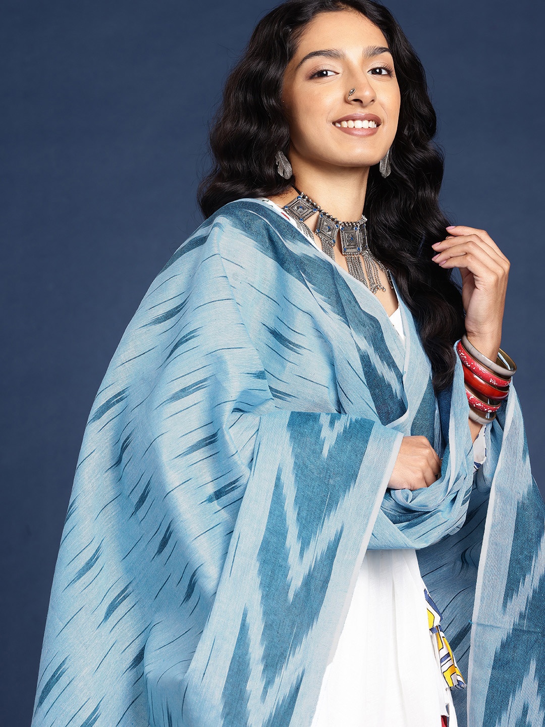 

Taavi Woven Design Pure Cotton Ikat Dupatta, Blue