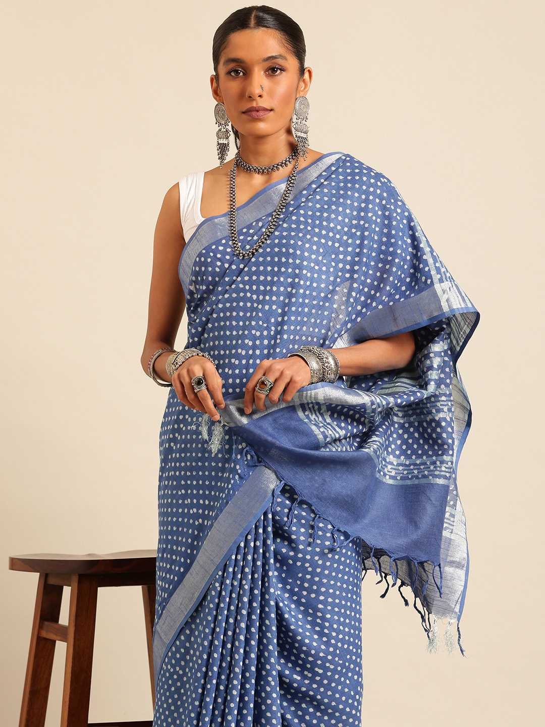 

Taavi Batik Pure Cotton Handloom Block Print Saree, Blue