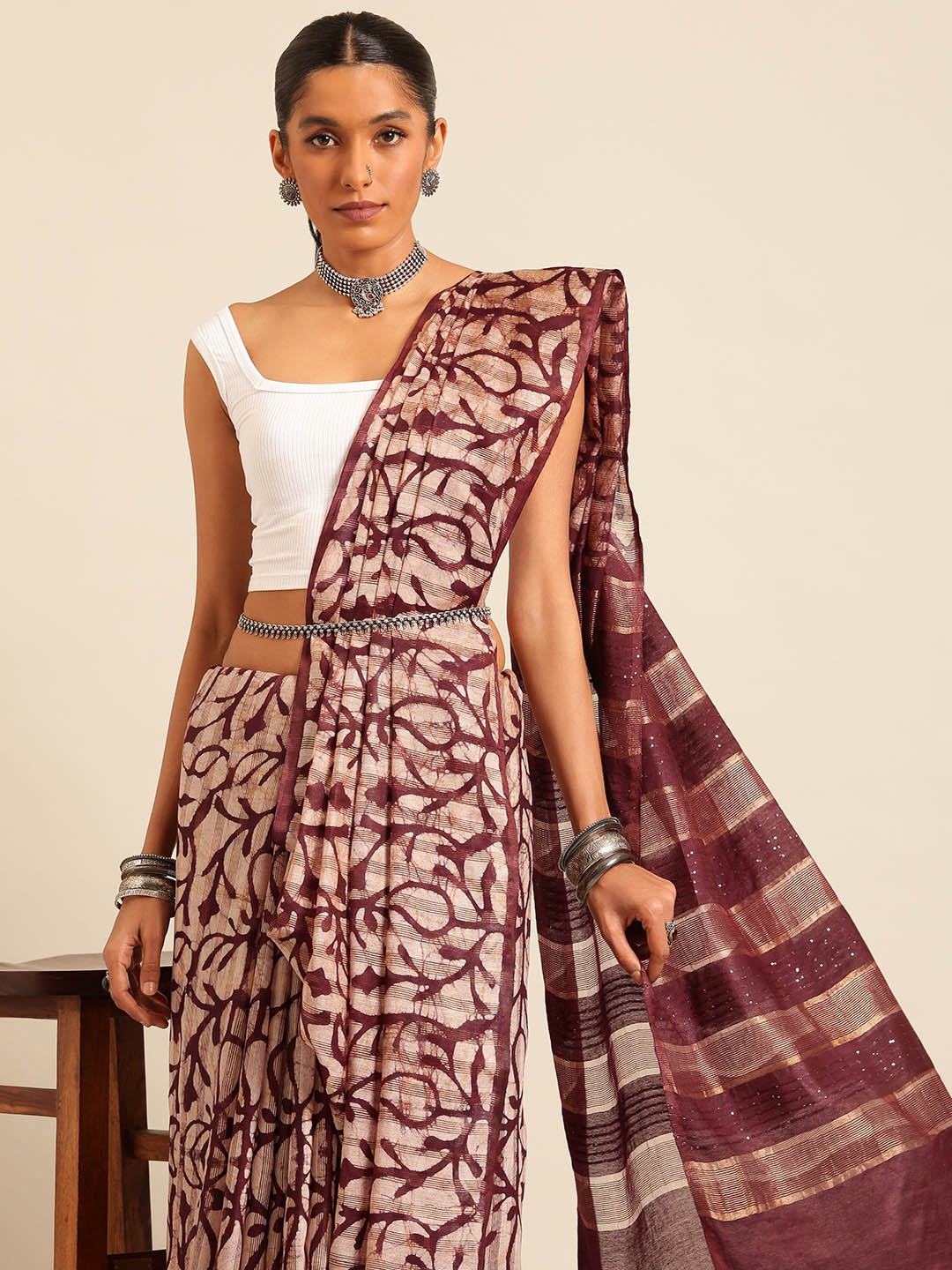 

Taavi Batik Handloom Block Print Saree, Brown