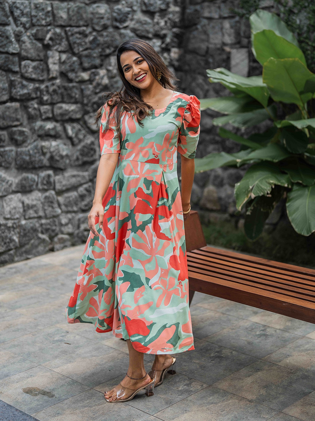 

HAY Liva Puff Sleeves A-Line Maxi Dress, Green