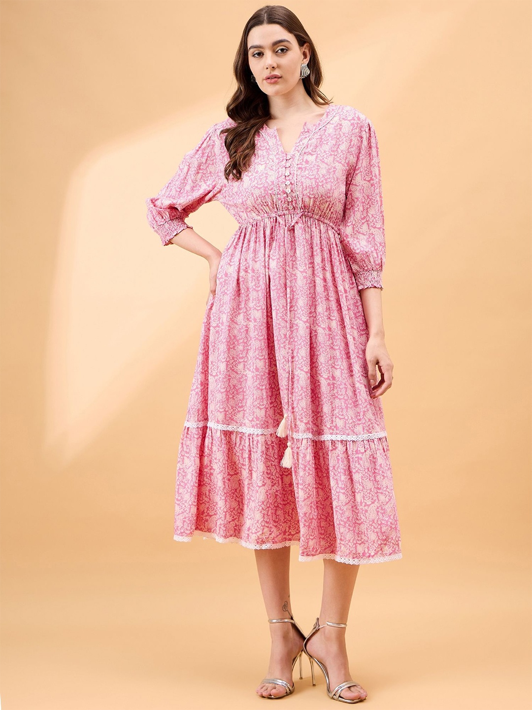 

all about you Ethnic Motifs Print Empire Midi Dress, Pink