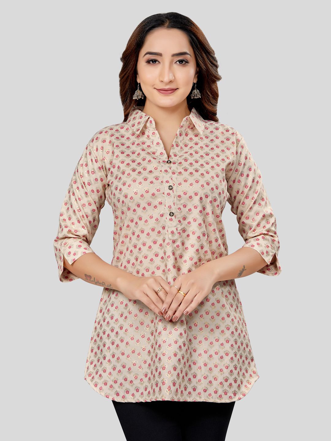 

Saree Swarg Floral Printed Shirt Collar Kurti, Cream