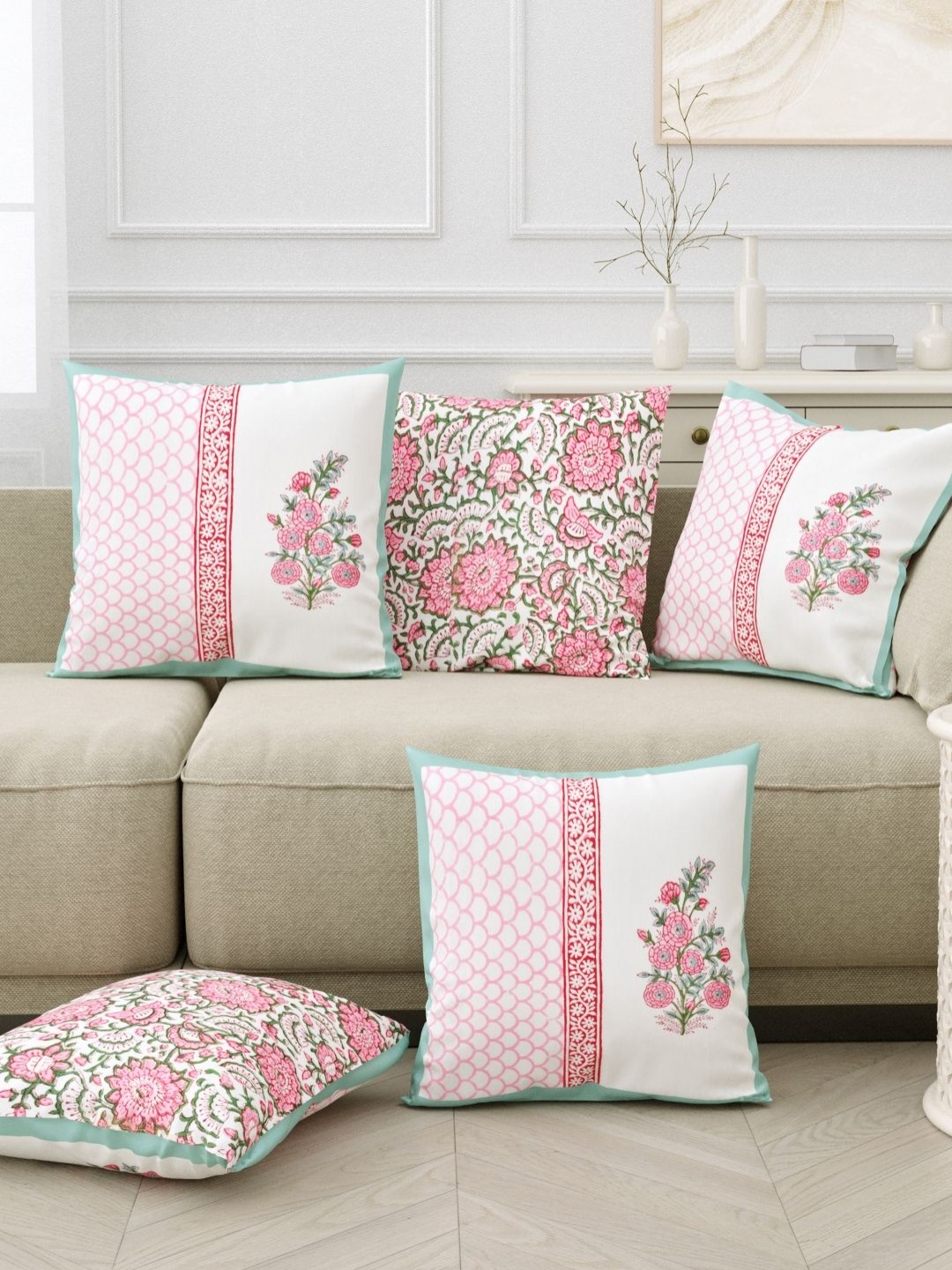 

BLOCKS OF INDIA Pink & Green 5Pieces Ethnic Motifs Cotton Square Cushion Covers