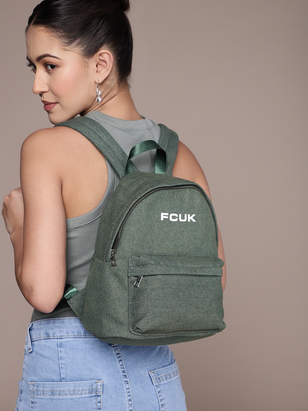 

French Connection Women Brand Logo Printed Backpack, Green