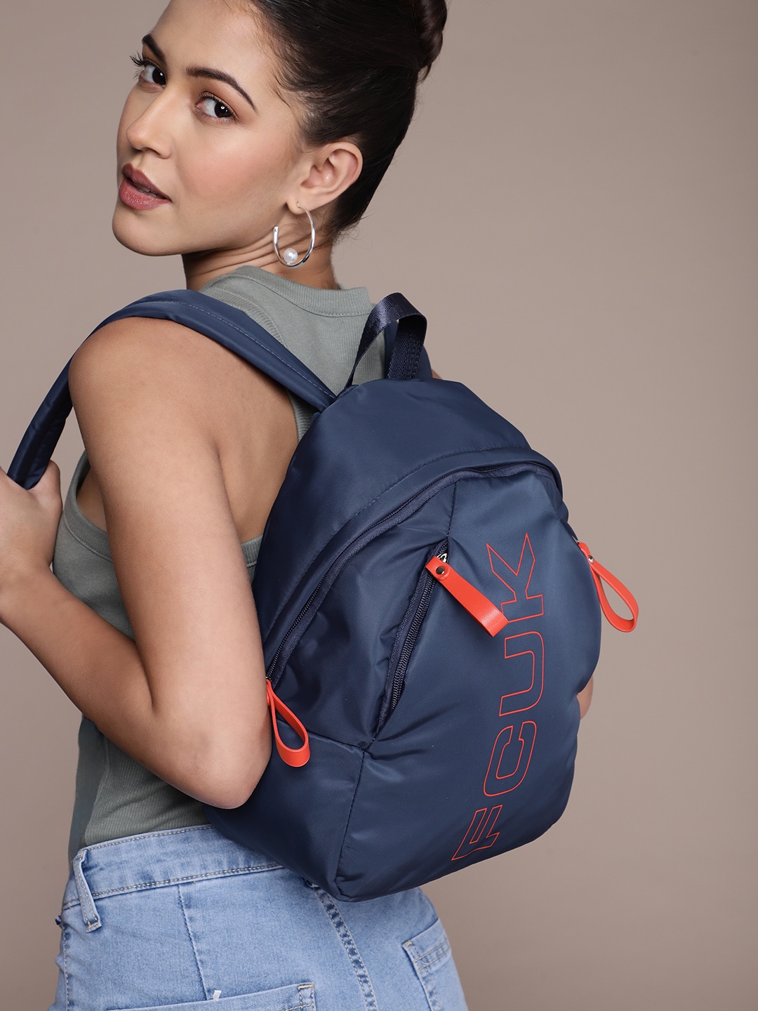 

French Connection Women Brand Logo Printed Small Backpack, Navy blue