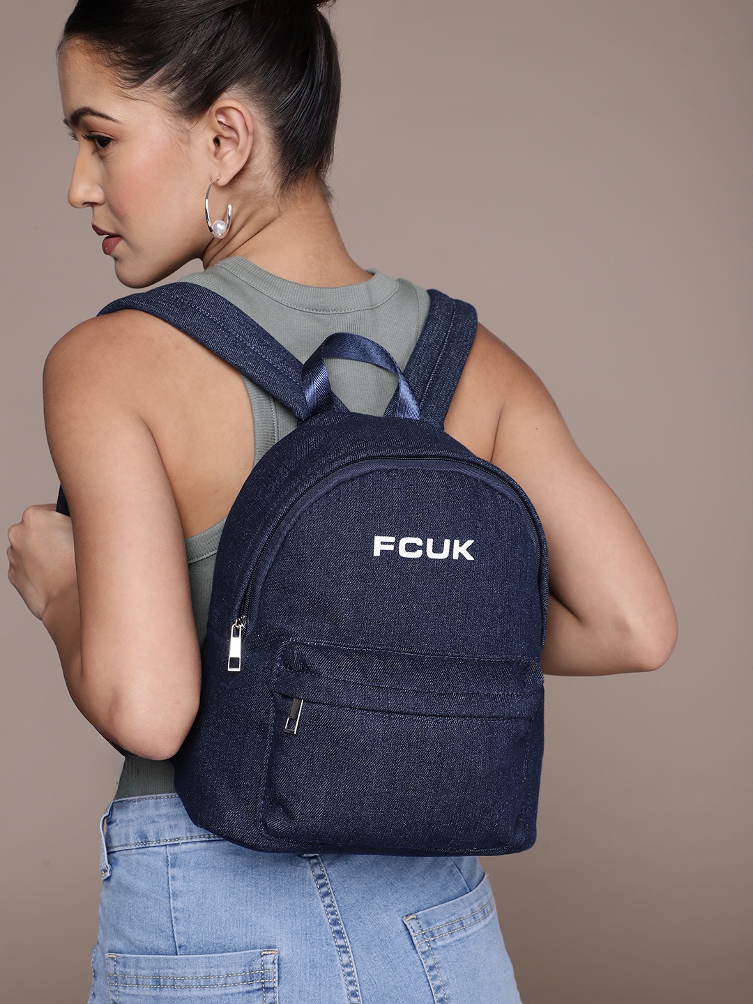 French Connection Women Brand Logo Printed Backpack, Navy blue