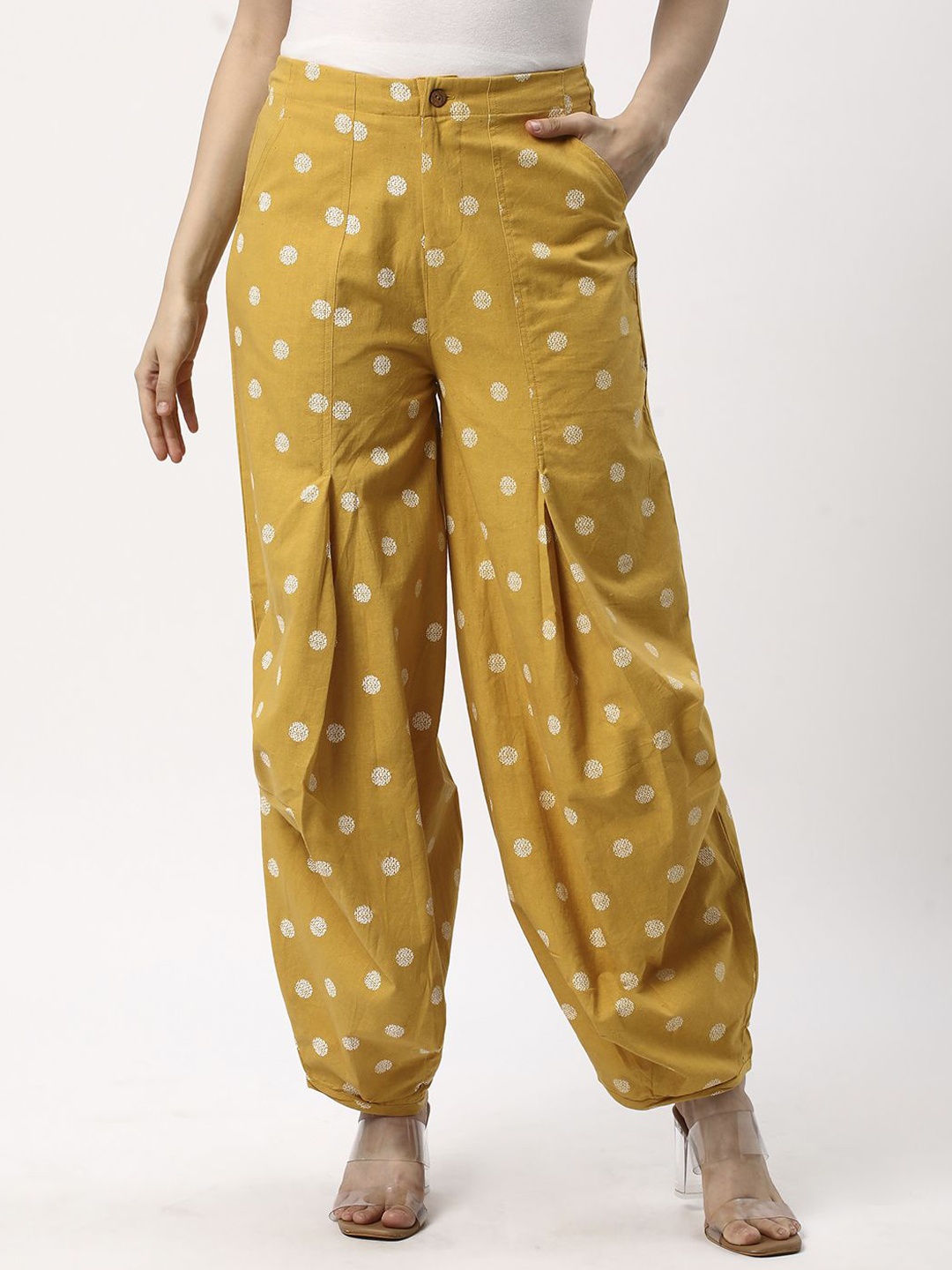 

R&B Women Polka Dot Printed Pleated Jodhpuris Trousers, Yellow