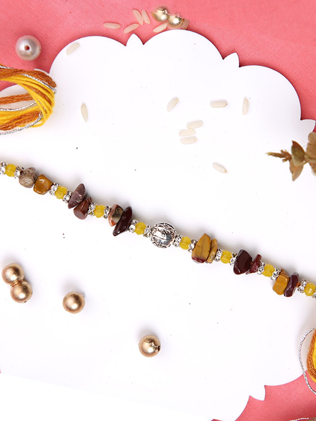 

Aapno Rajasthan Stone Studded & Beaded Rakhi With Roli Chawal & Greeting Card, Silver