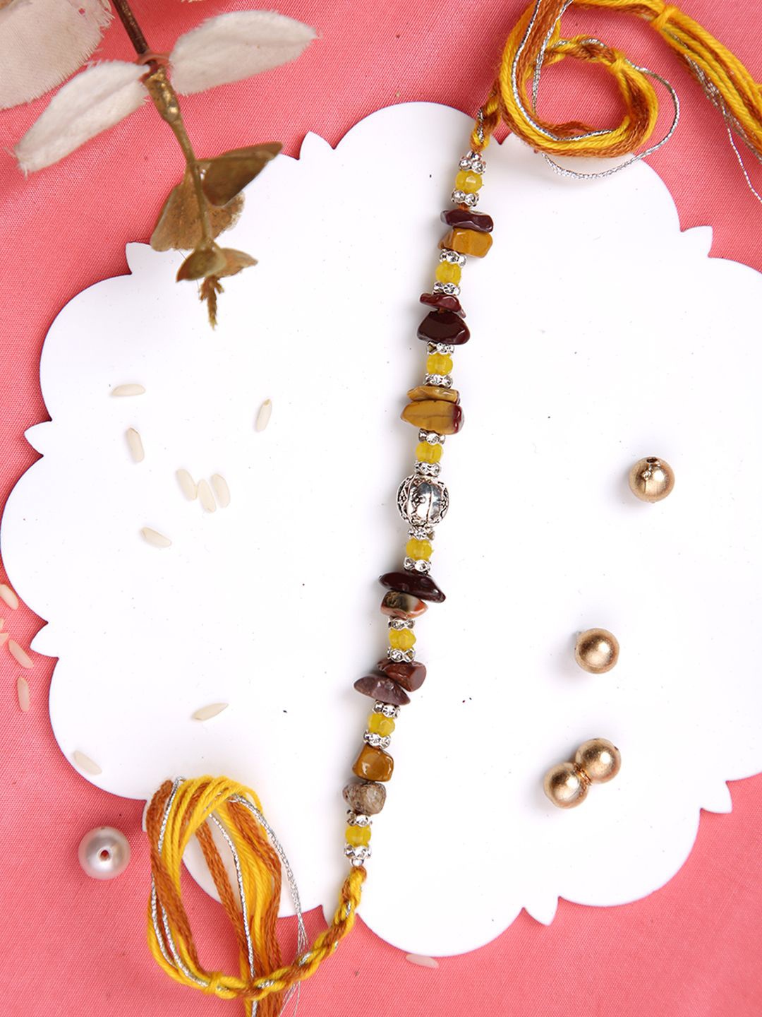 

Aapno Rajasthan Beads-Studed Multistrand Rakhi With Roli Chawal & Greetings Card, Silver