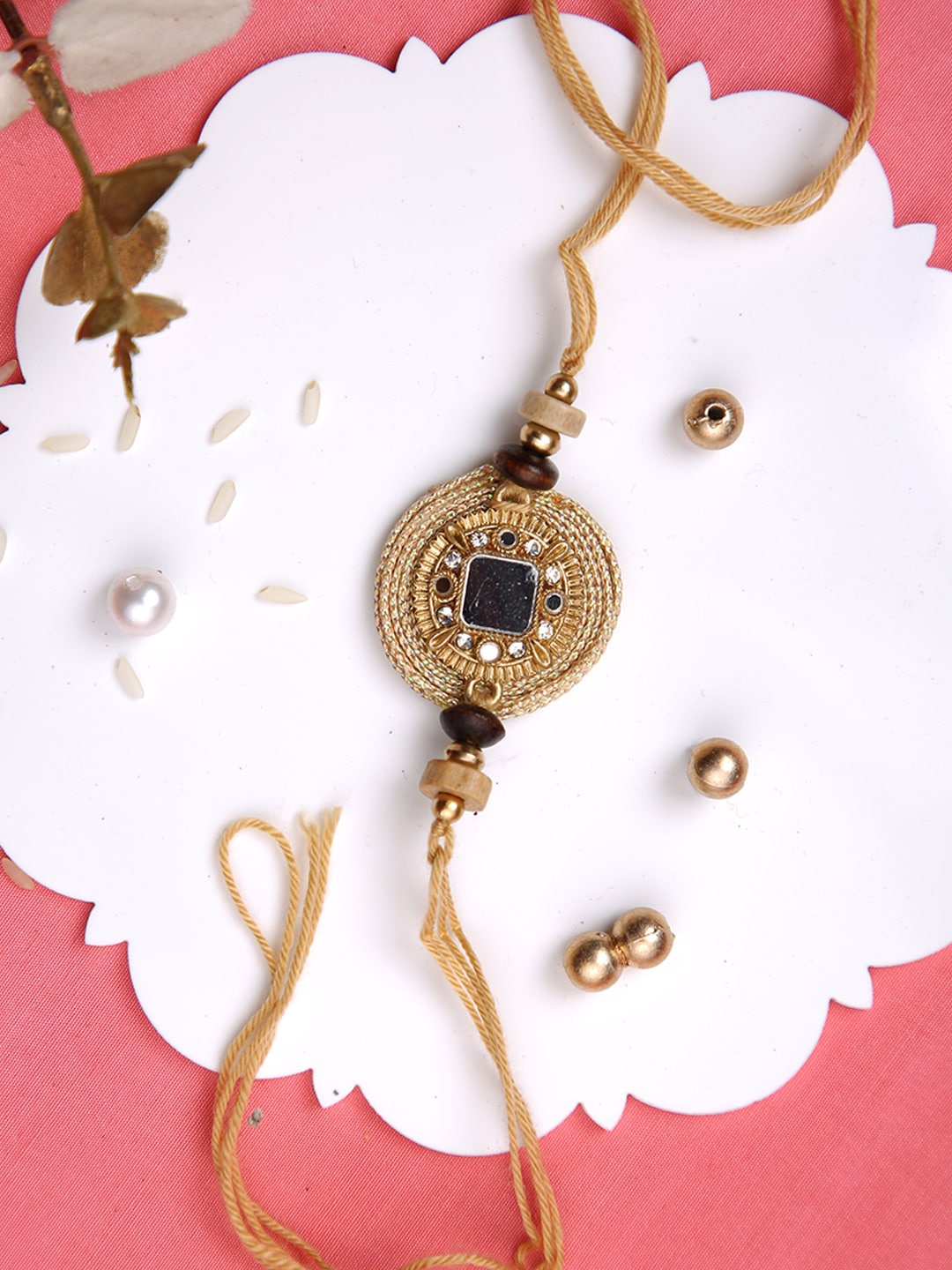 

Aapno Rajasthan Stone Studded & Beaded Rakhi With Roli Chawal & Greeting Card, Gold