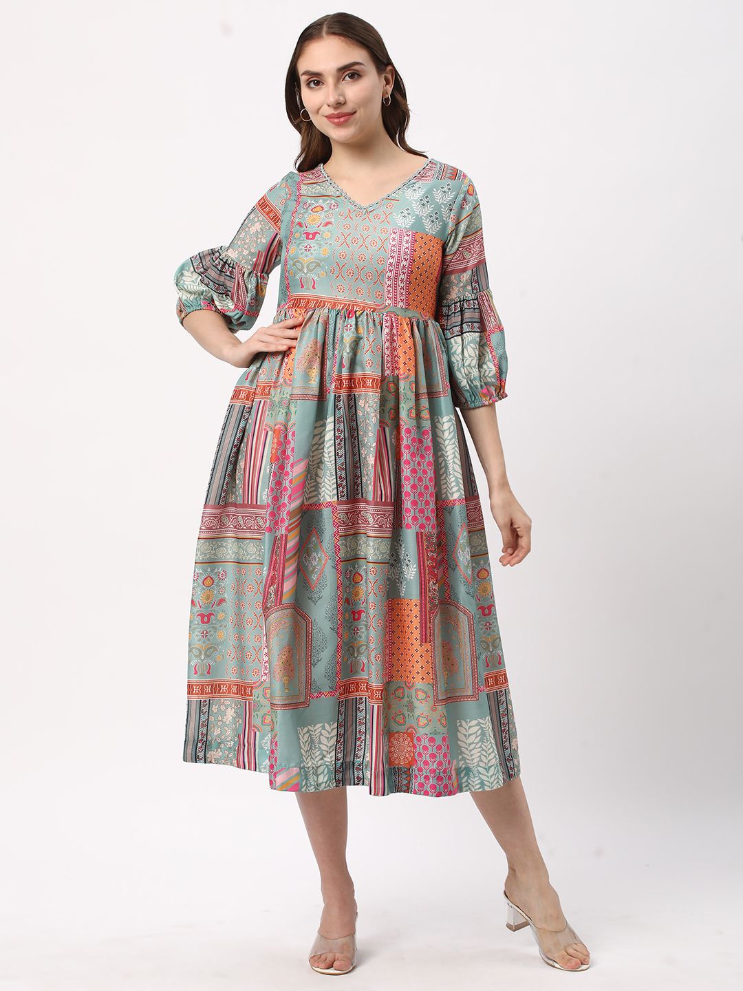 

R&B Ethnic Women Motifs Print Puff Sleeve A-Line Midi Dress, Green