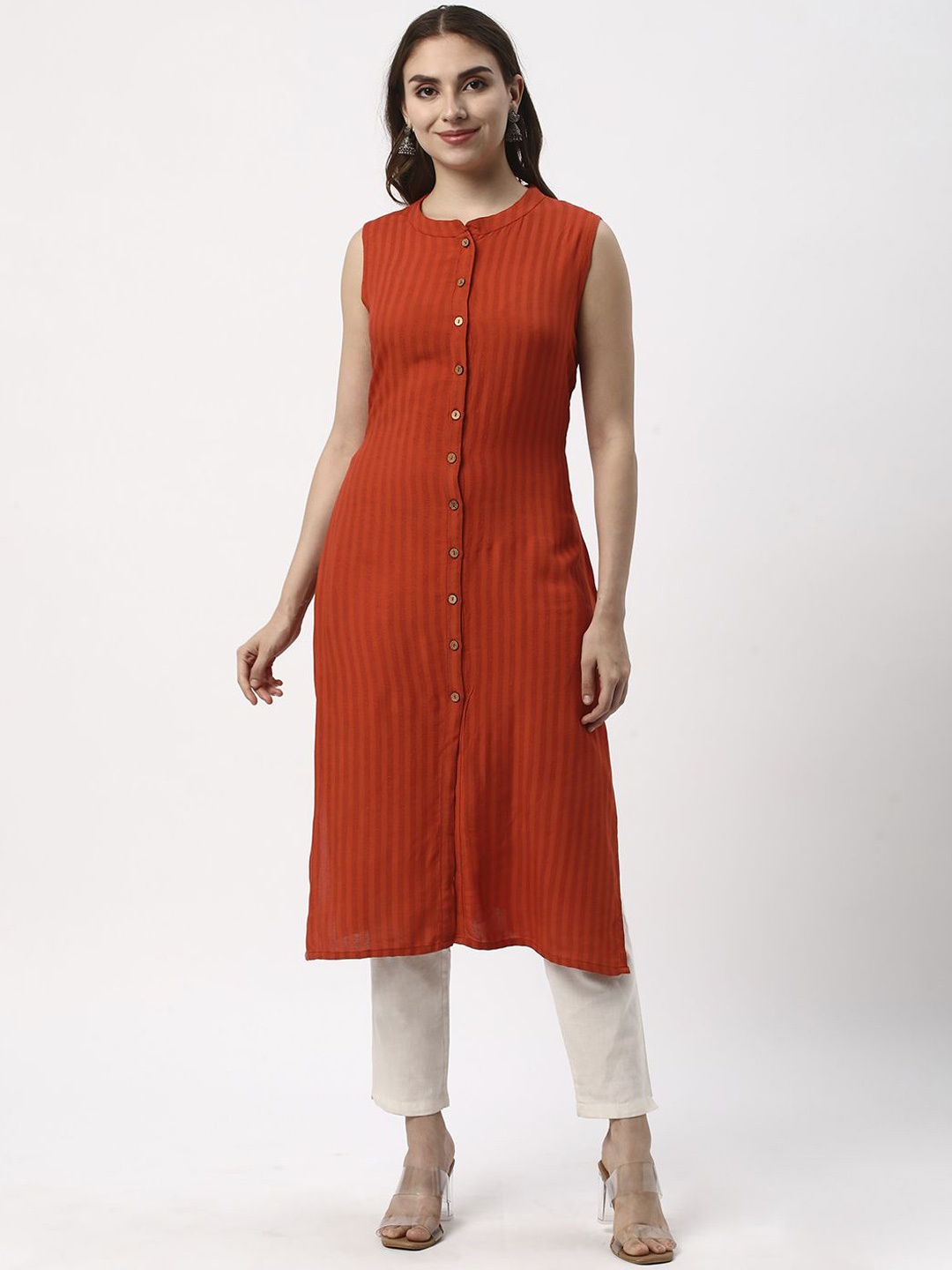 

R&B Striped Sleeveless Mandarin Collar A-Line Kurta, Brown