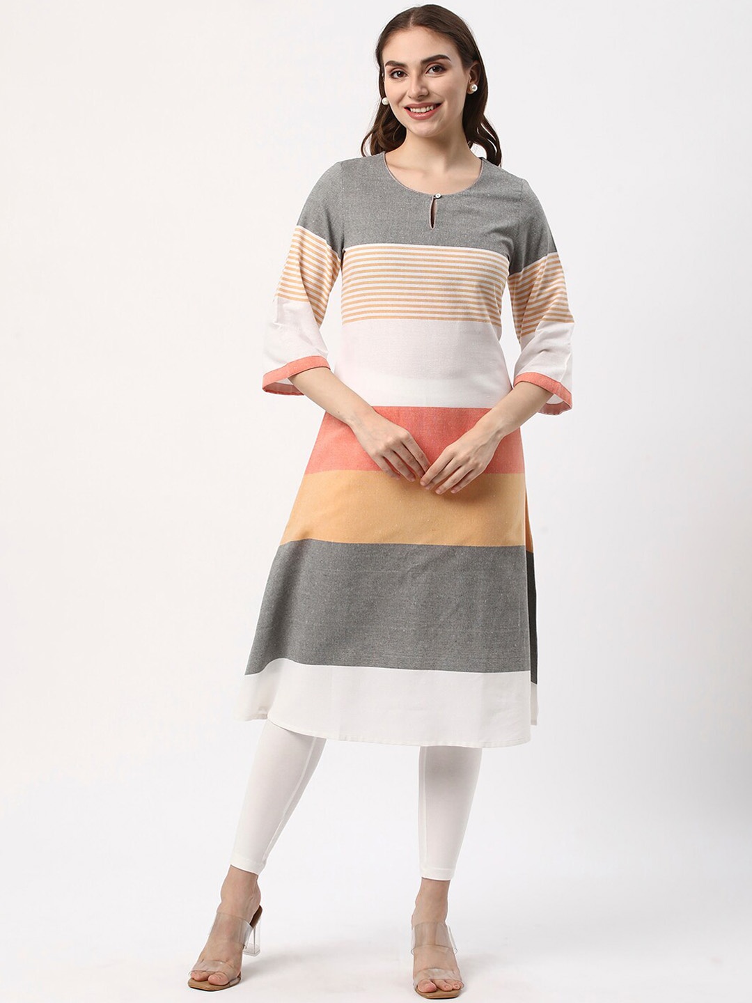 

R&B Striped Keyhole Neck A-Line Cotton Kurta, Grey