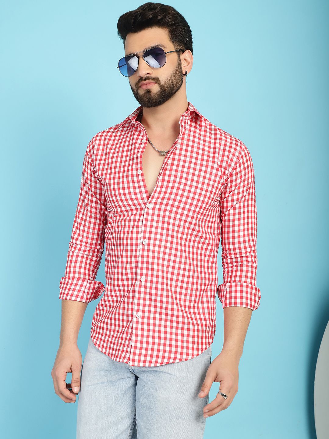 

Indian Needle Men Classic Spread Collar Gingham Checks Casual Shirt, Red