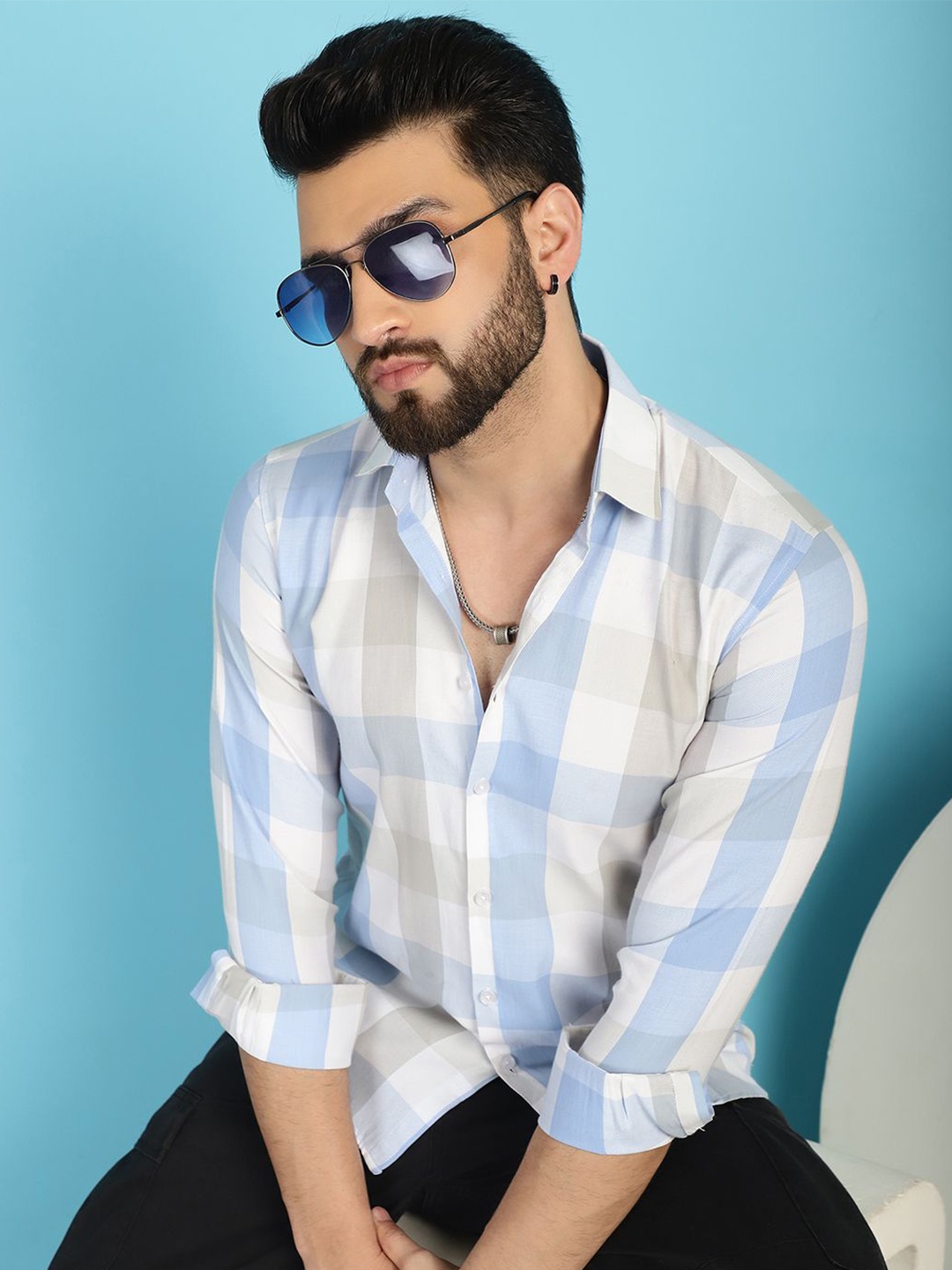 

Indian Needle Men Classic Opaque Checked Cotton Casual Shirt, Blue