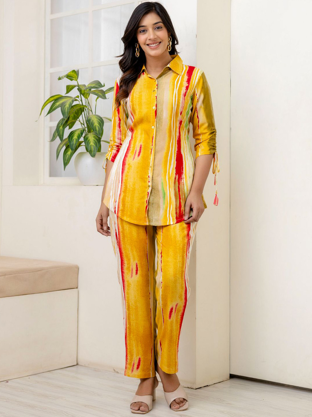 

KALINI Tie and Dye Printed Tie-Up Sleeves Casual Shirt With Trousers, Yellow