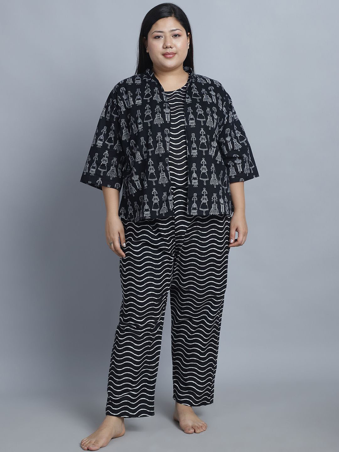 

TAG 7 Plus Size Conversational Printed Cotton Top & Bottom With Shrug Night Suit, Black