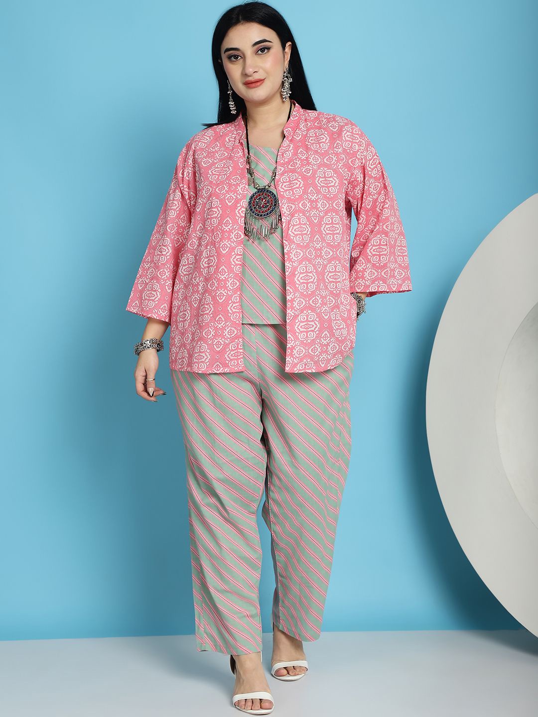 

TAG 7 Plus Size Leheriya Printed Pure Cotton Top & Bottom With Shrug, Green