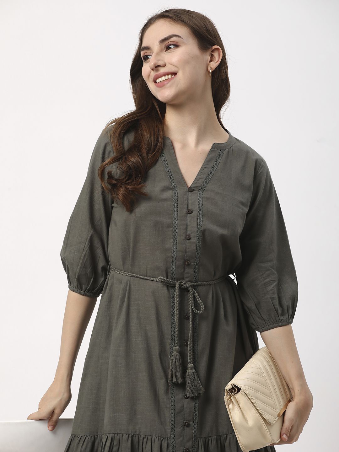 

R&B Puff Sleeve Shirt Dress, Green