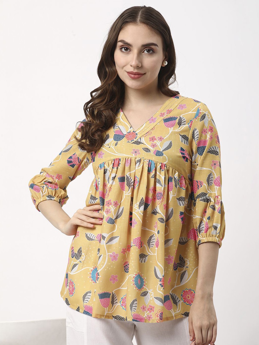 

R&B Floral Print Empire Top, Yellow