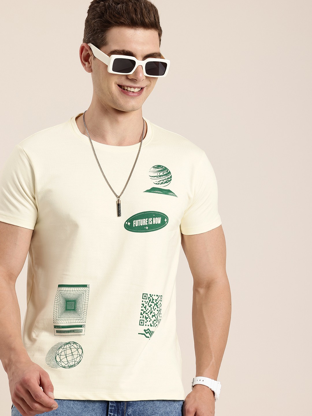 

HERE&NOW Men Printed Pure Cotton T-shirt, Off white
