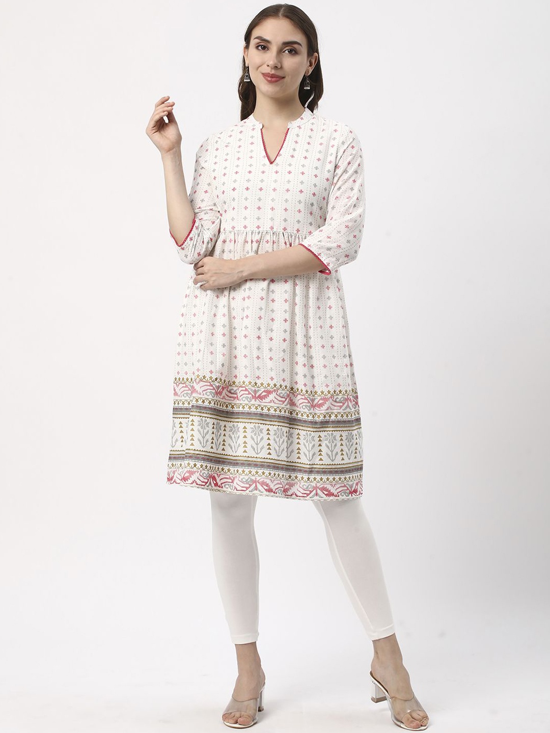 

R&B Ethnic Motifs Printed Mandarin Collar Cotton Anarkali Kurta, White