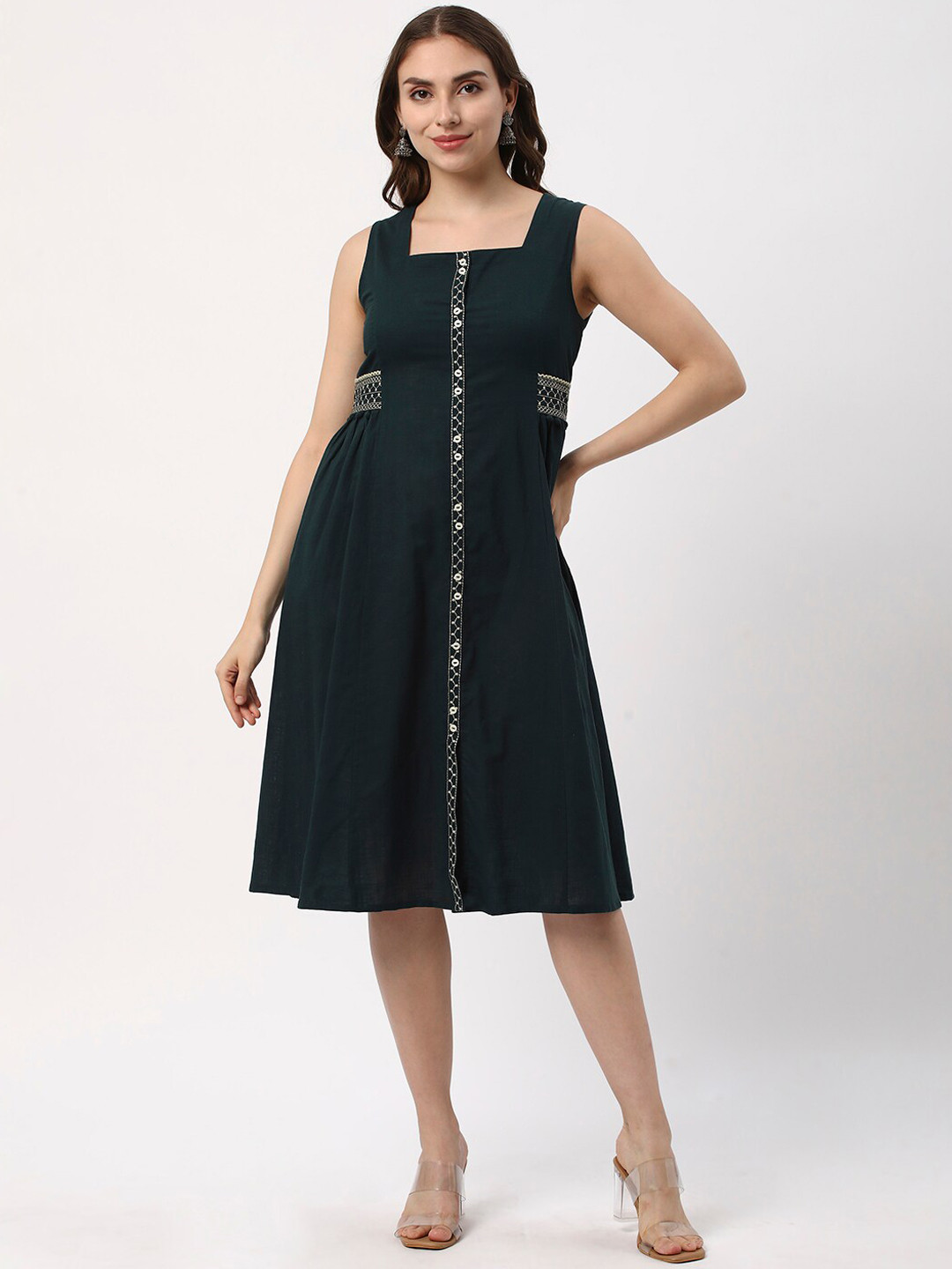 

R&B Floral Embroidered Square Neck Sleeveless Cotton A-Line Dress, Teal