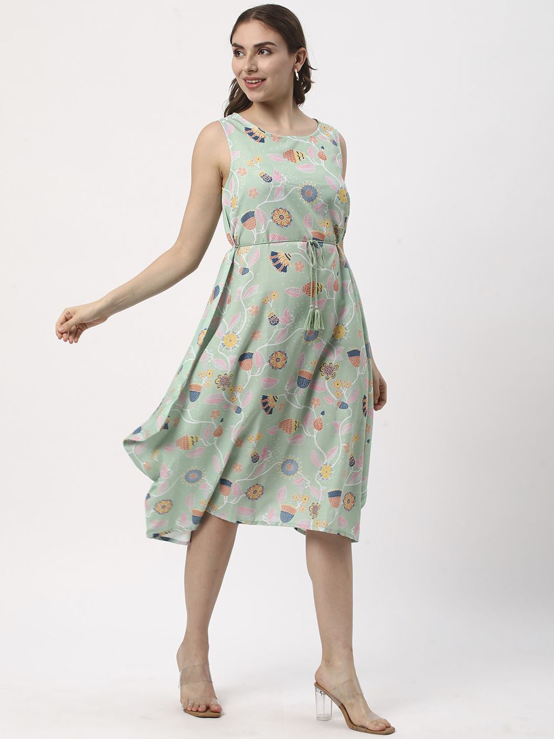 

R&B Floral Printed Round Neck Anarkali Kurta, Green