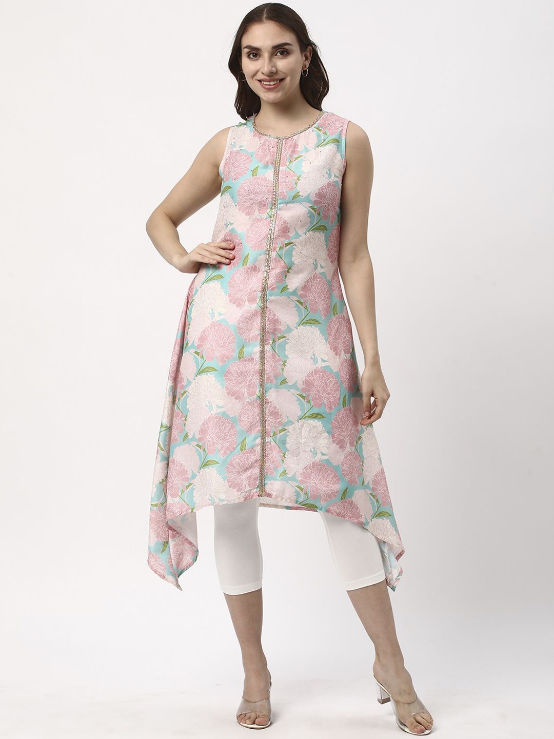 

R&B Floral Printed Sleeveless Sequinned A-Line Kurta, Pink
