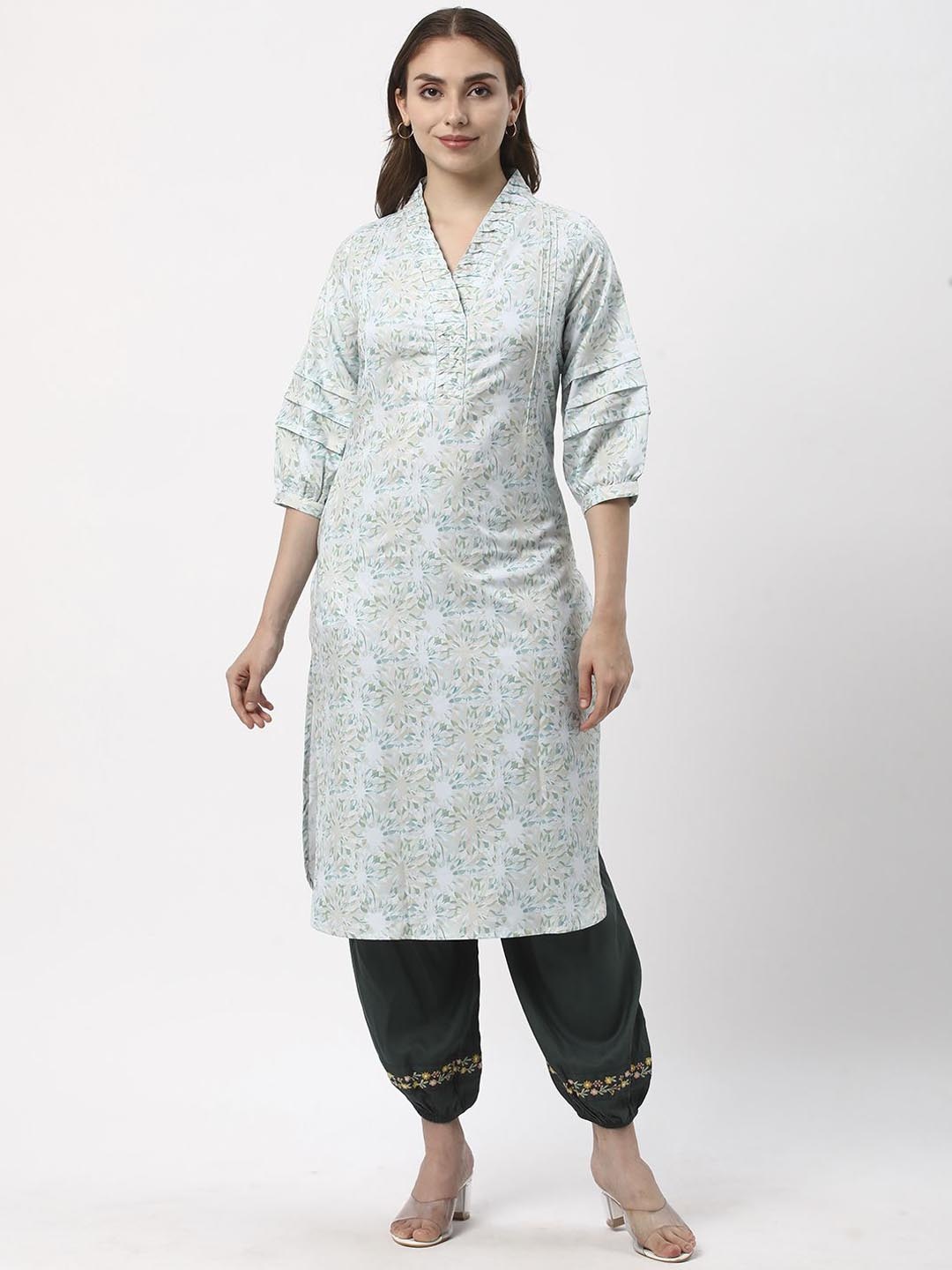 

R&B Floral Printed V-Neck Cotton Straight Kurta, Green
