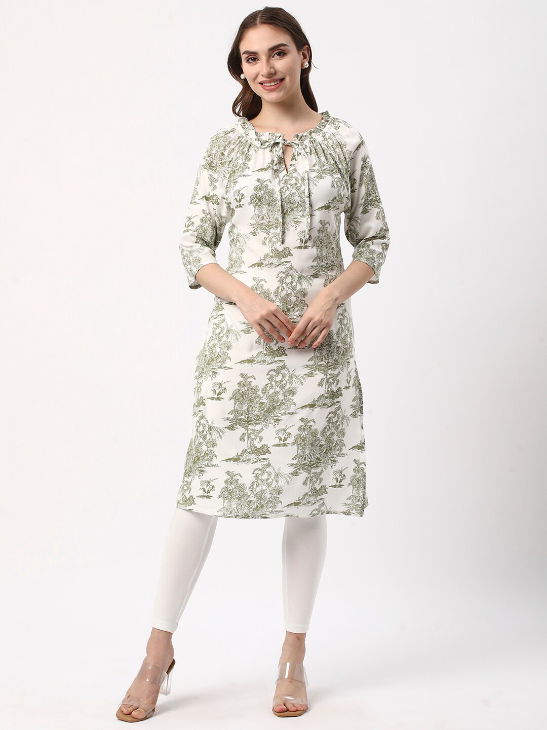 

R&B Abstract Printed Tie-Up Neck Striagth Kurta, Green