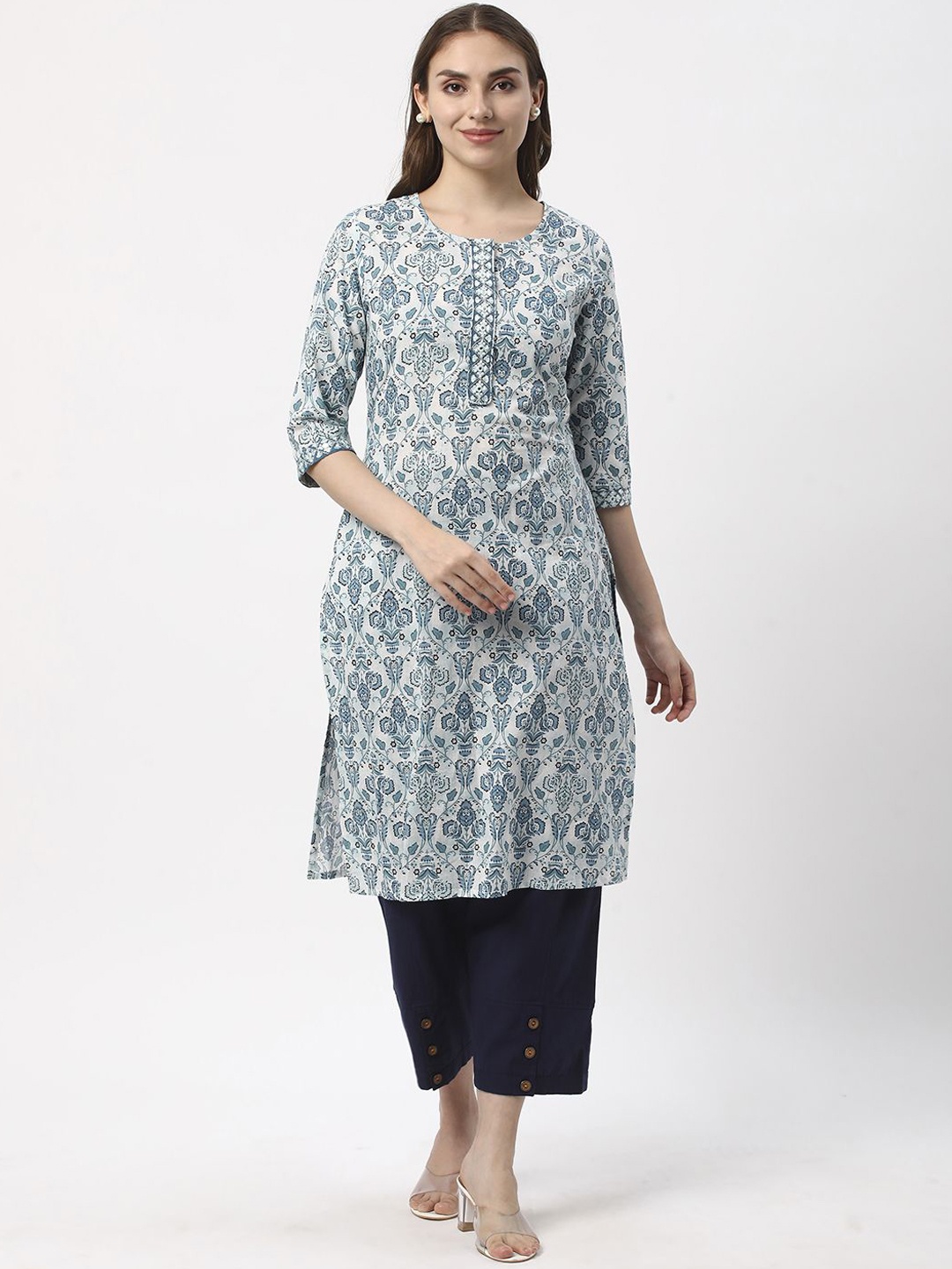 

R&B Floral Printed Round Neck Mirror Work Cotton Straight Kurta, Blue