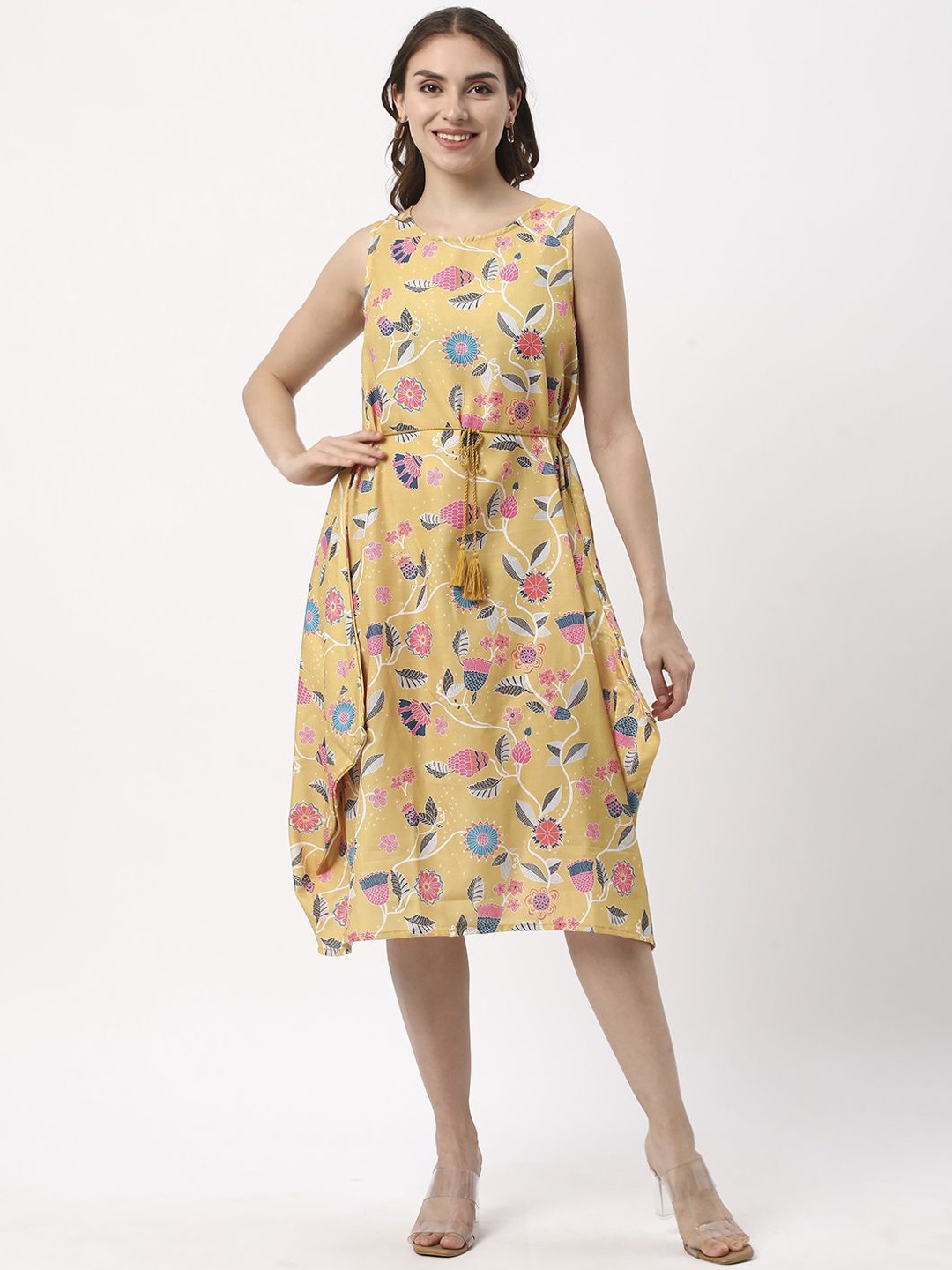 

R&B Floral Printed Sleeveless Belted A-line Dress, Yellow