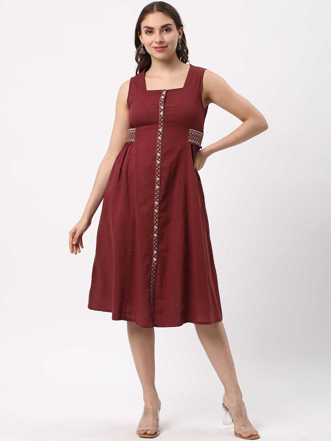 

R&B Thread Work Square Neck A-Line Kurta, Maroon
