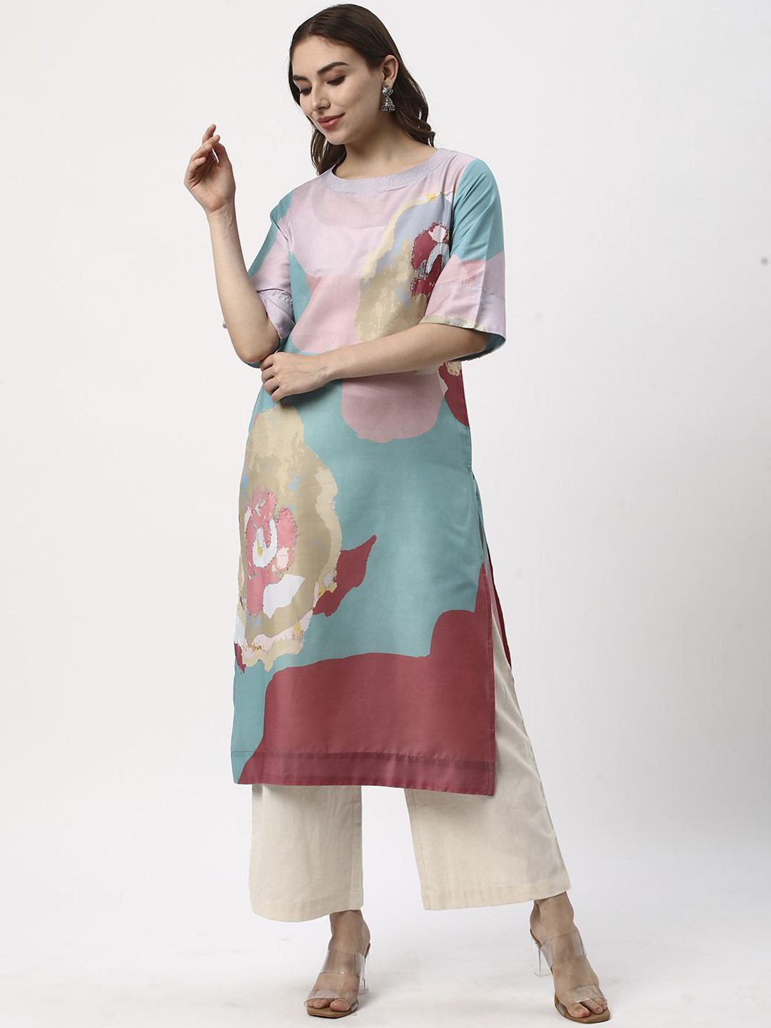 

R&B Abstract Embroidered Thread Work Straight Kurta, Pink