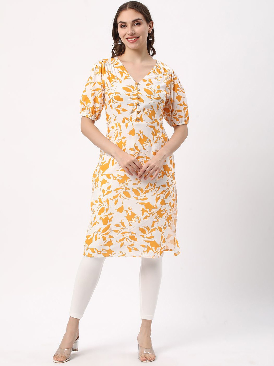 

R&B Floral Printed Puff Sleeves Empire Cotton Straight Kurta, Yellow