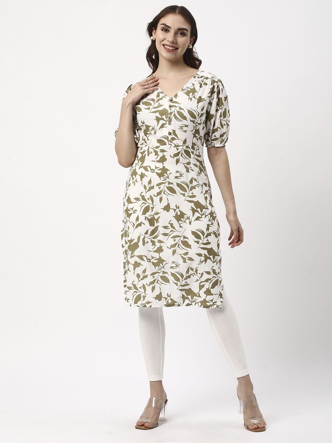 

R&B Floral Printed V-Neck Puff Sleeves Cotton Straight Kurta, Green