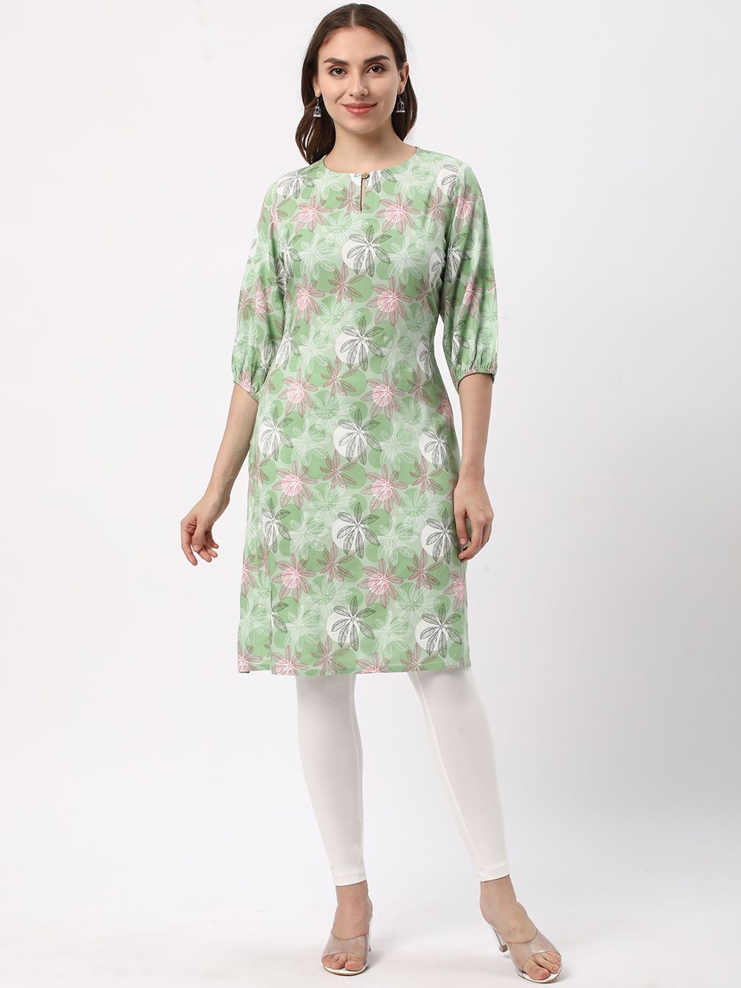 

R&B Floral Printed Keyhole Neck Straight Kurta, Green