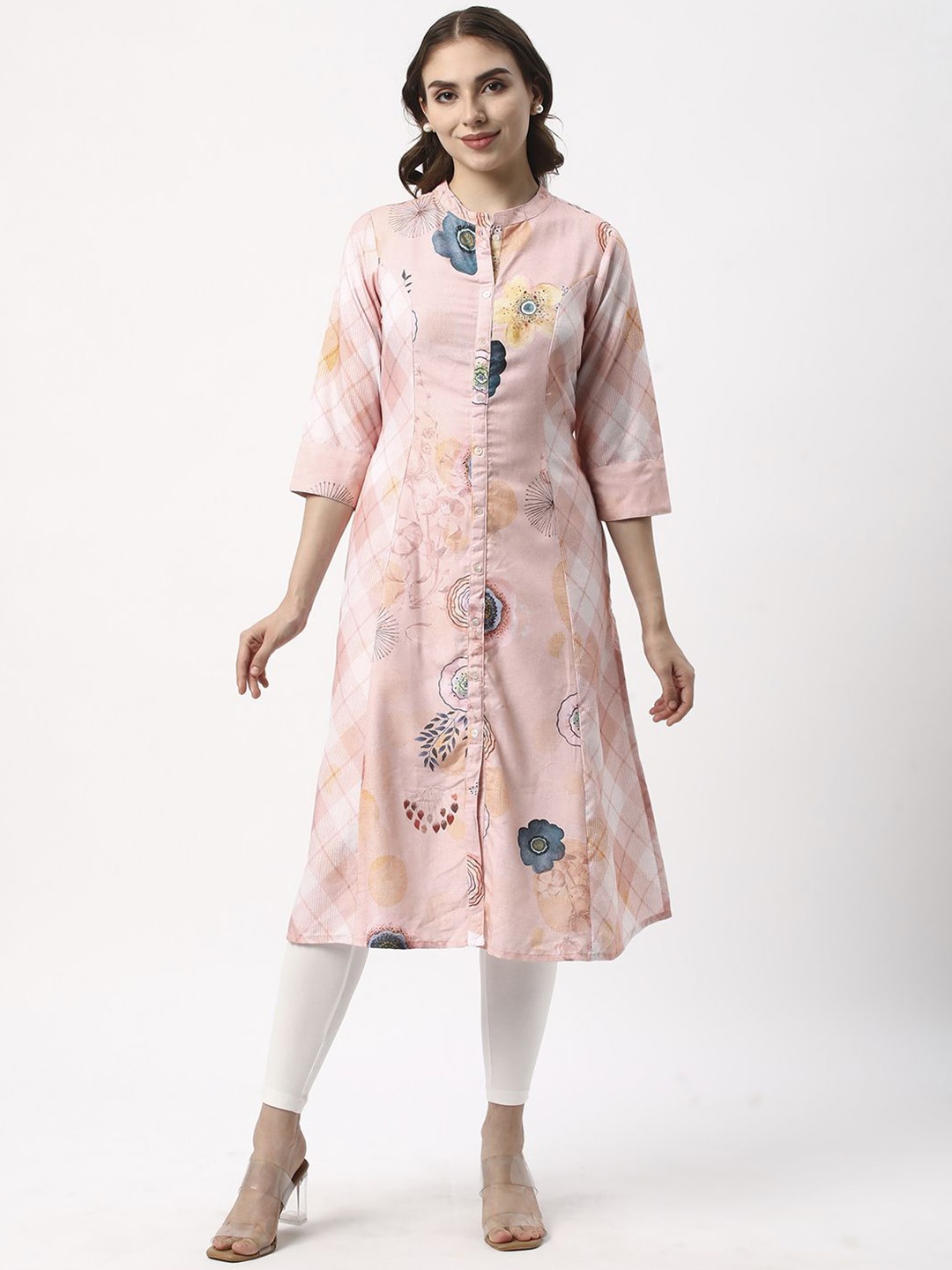 

R&B Floral Printed Mandarin Collar Straight Kurta, Pink