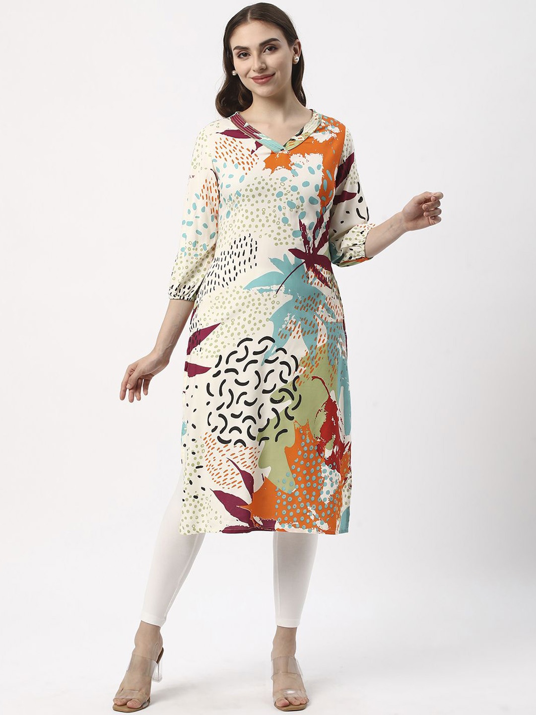 

R&B Abstract Printed Puff Sleeves Straight Kurta, Cream