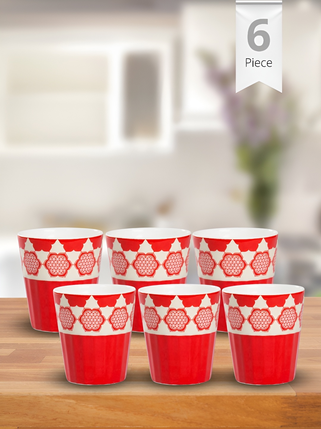 

India Circus Red & White 6 Pieces Printed Ceramic Glossy Cups 140 ml