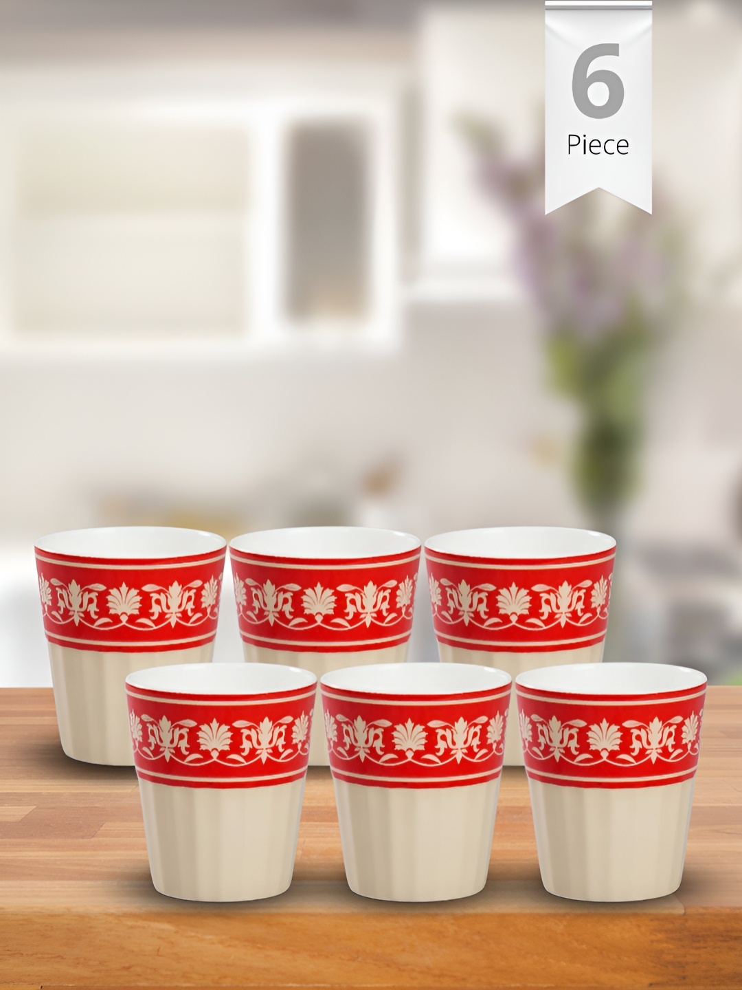 

India Circus Cream & Red 6 Pieces Printed Ceramic Glossy Cups 140 ml