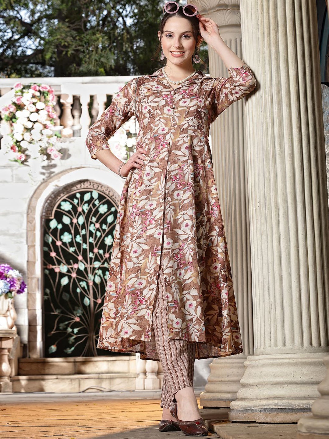 

Stylum Brown Floral Printed Shirt Collar A-Line Kurta With Trousers