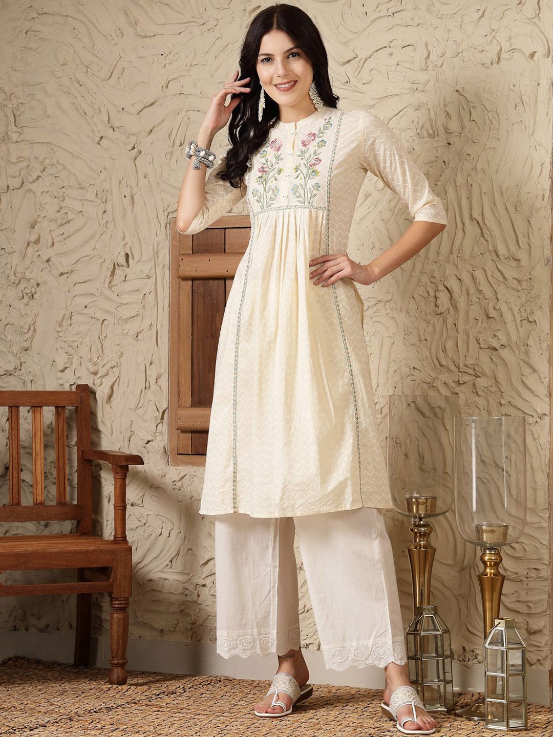 

Stylum Cream Chevron Printed Band Collar Thread Work Pure Cotton A-Line Pleated Kurta