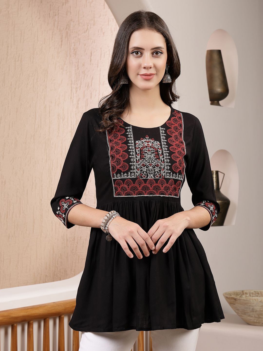 

Stylum Printed Ethnic Motifs A-Line Top, Black