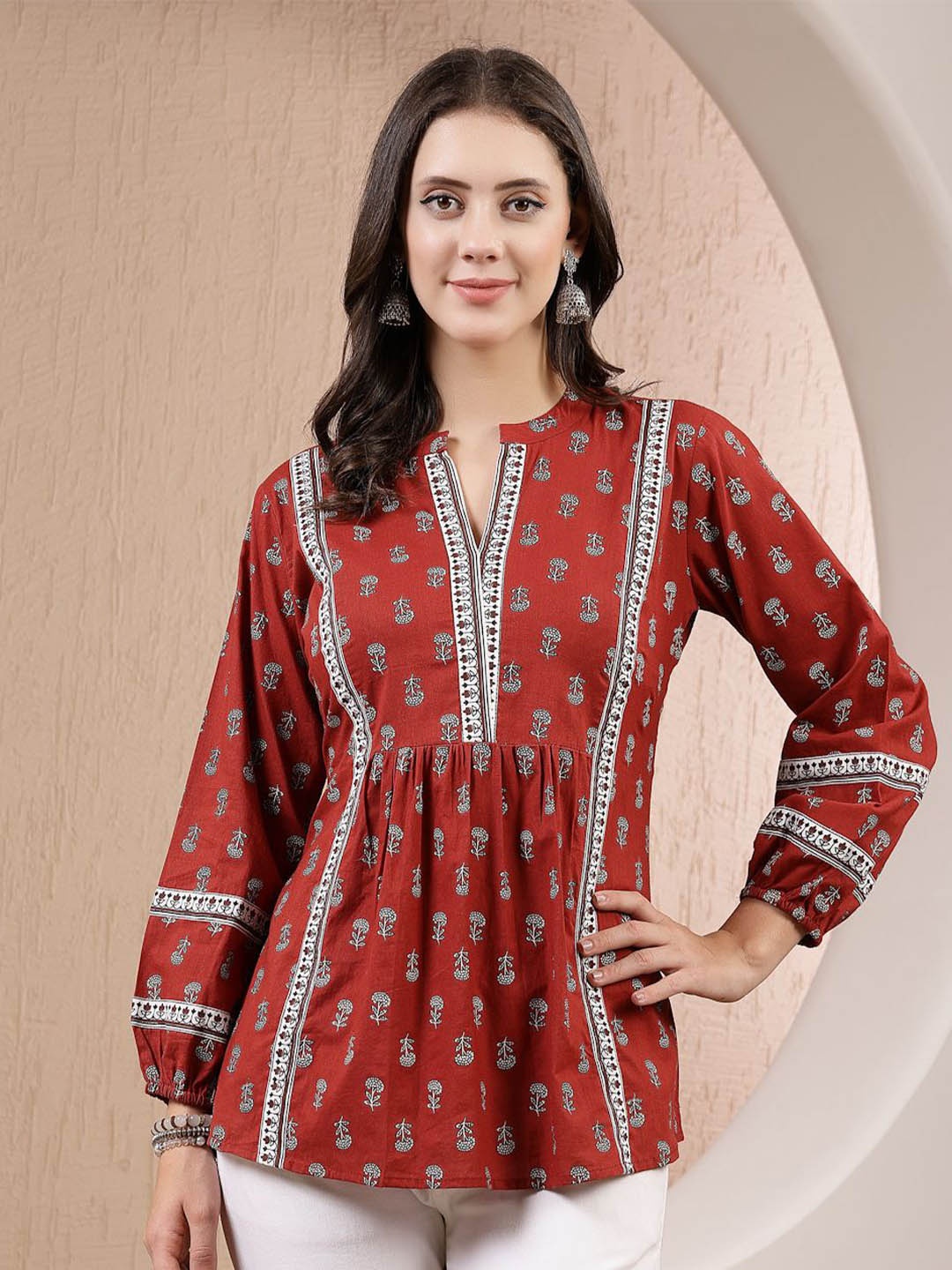 

Stylum Print Mandarin Collar Cotton Top, Rust